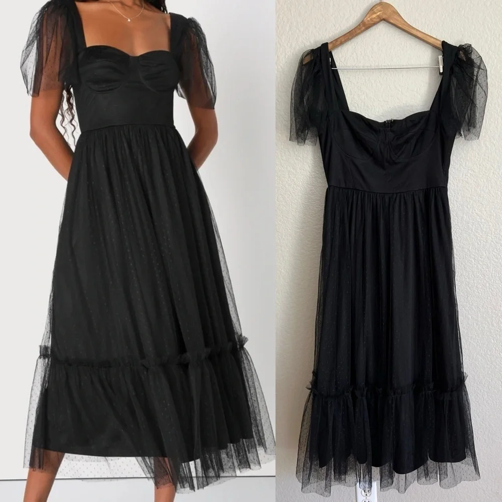 NWOT Dreamy Celebration Black Tulle Bustier Swiss Dot Midi Dress